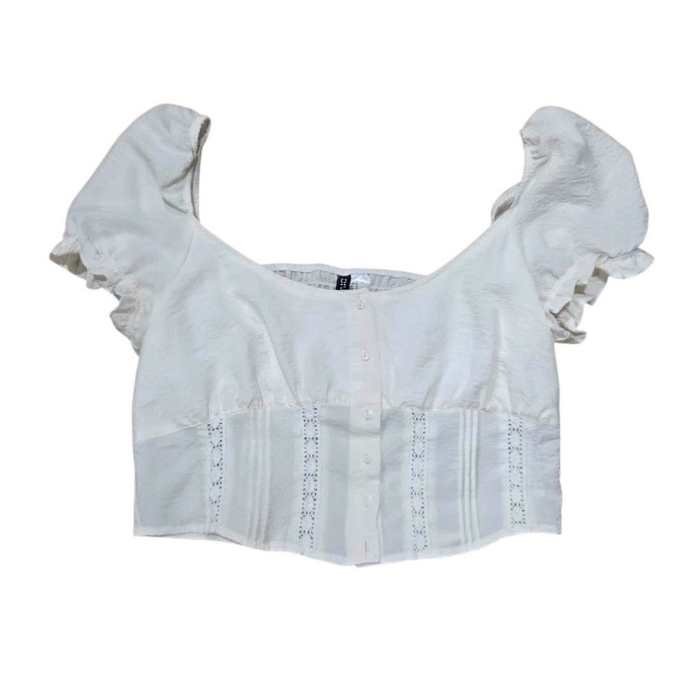 H&M Lace-Detail Crêped Blouse White Puff Sleeve Top - Picture 2 of 10